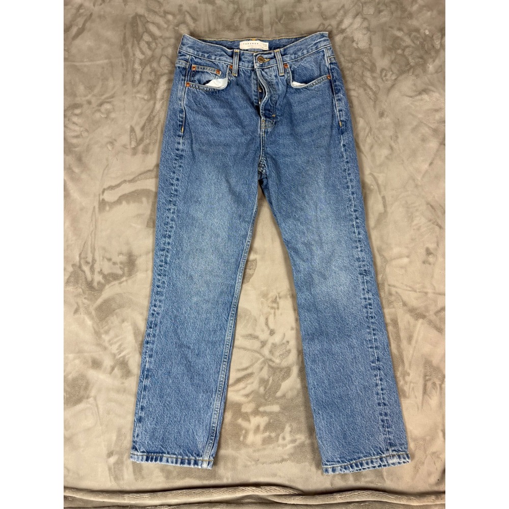 Topshop Editor Straight Leg Jeans W26 L32 Blue High Rise Button Fly Denim